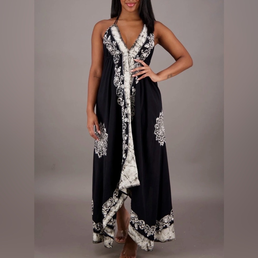 Advance Apparels Batik Embroidered Tiered Blue Drop Waist Dress